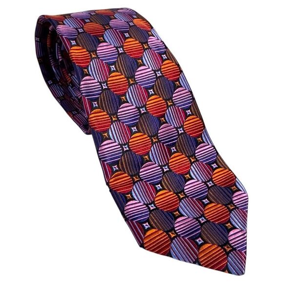 Silk Necktie Circles Squares Abstract Geometric Pattern Business Casual Stylish - Picture 1 of 4